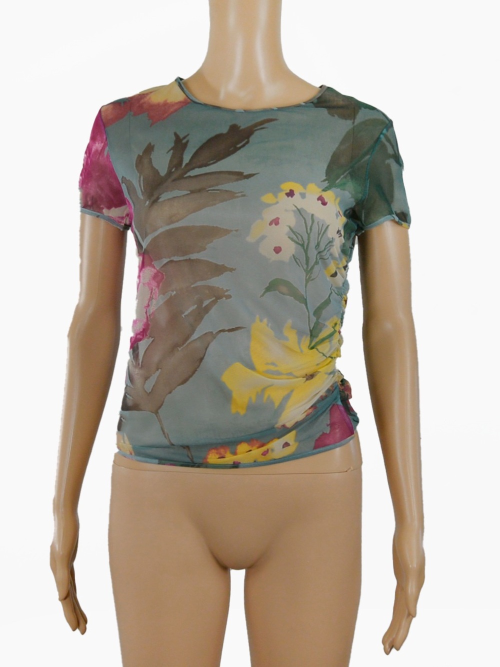 Wolford Semi Sheer Floral Side Synched Short Sleeve Top